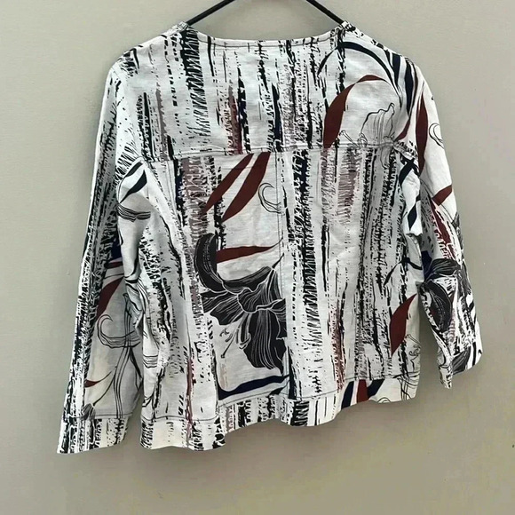 [Size4]Maloka Linen Blend  Button Down Black Lily Sketch Art light Jacket/Blouse - Picture 6 of 11